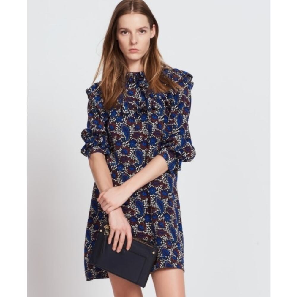 Sandro Paris Silk Paisley Mini Shift Dress in Blue Print Size 2